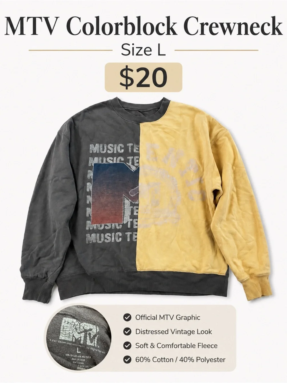MTV Two-Tone Charcoal & Mustard Crewneck Sweatshirt
